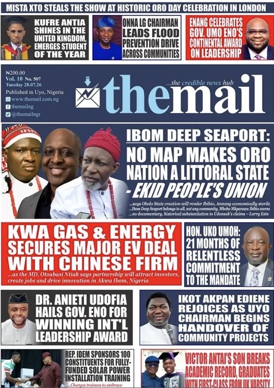 TheMail Newspaper Facebook post showing Kufre Usen Antia featured on the newspaper's front page